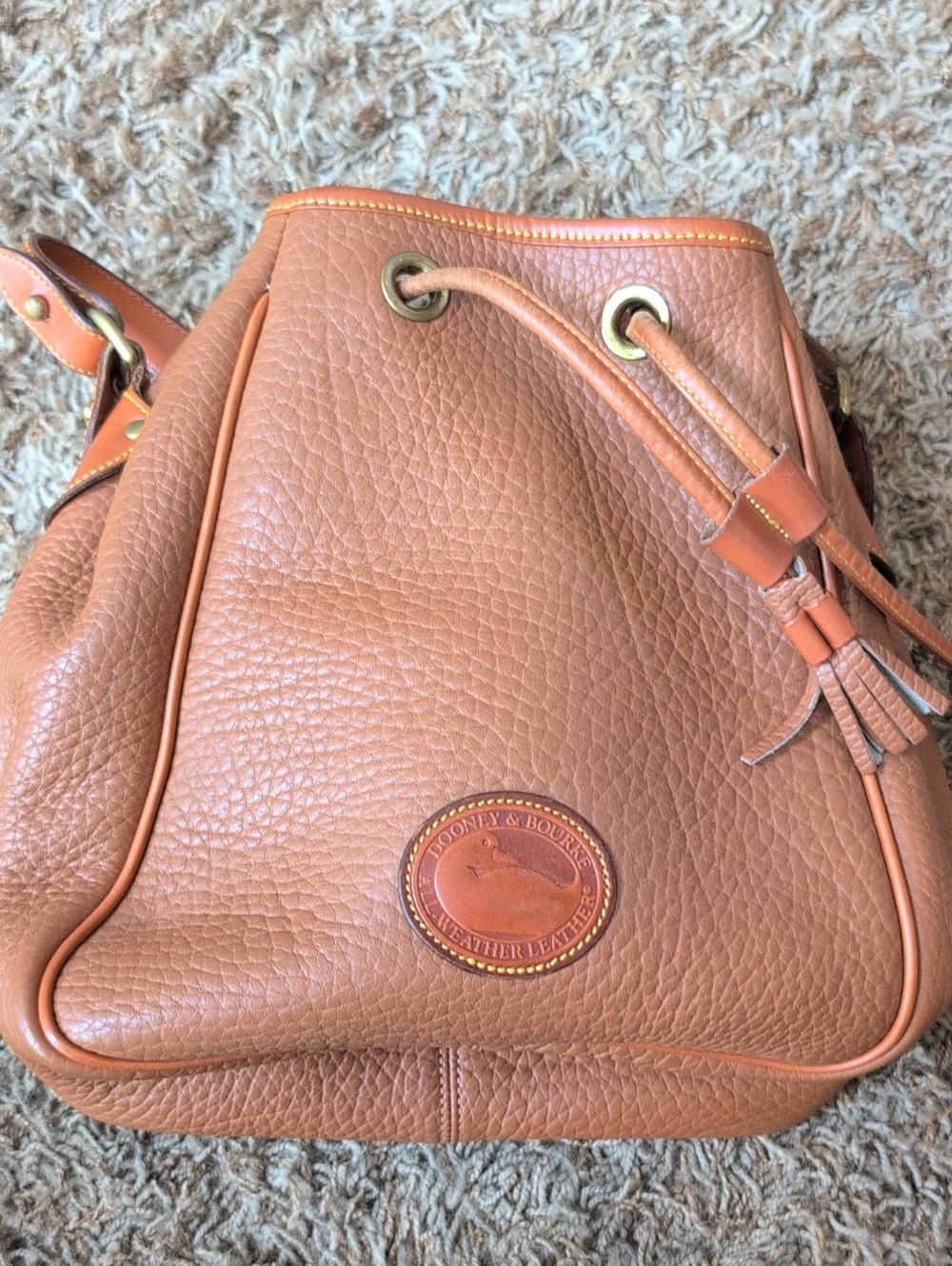Dooney & Bourke Cognac Pebbled Leather Drawstring Bucket Bag
